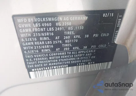 2015 Volkswagen Tiguan S from USA, damaged, VIN WVGBV7AX2FW586586
